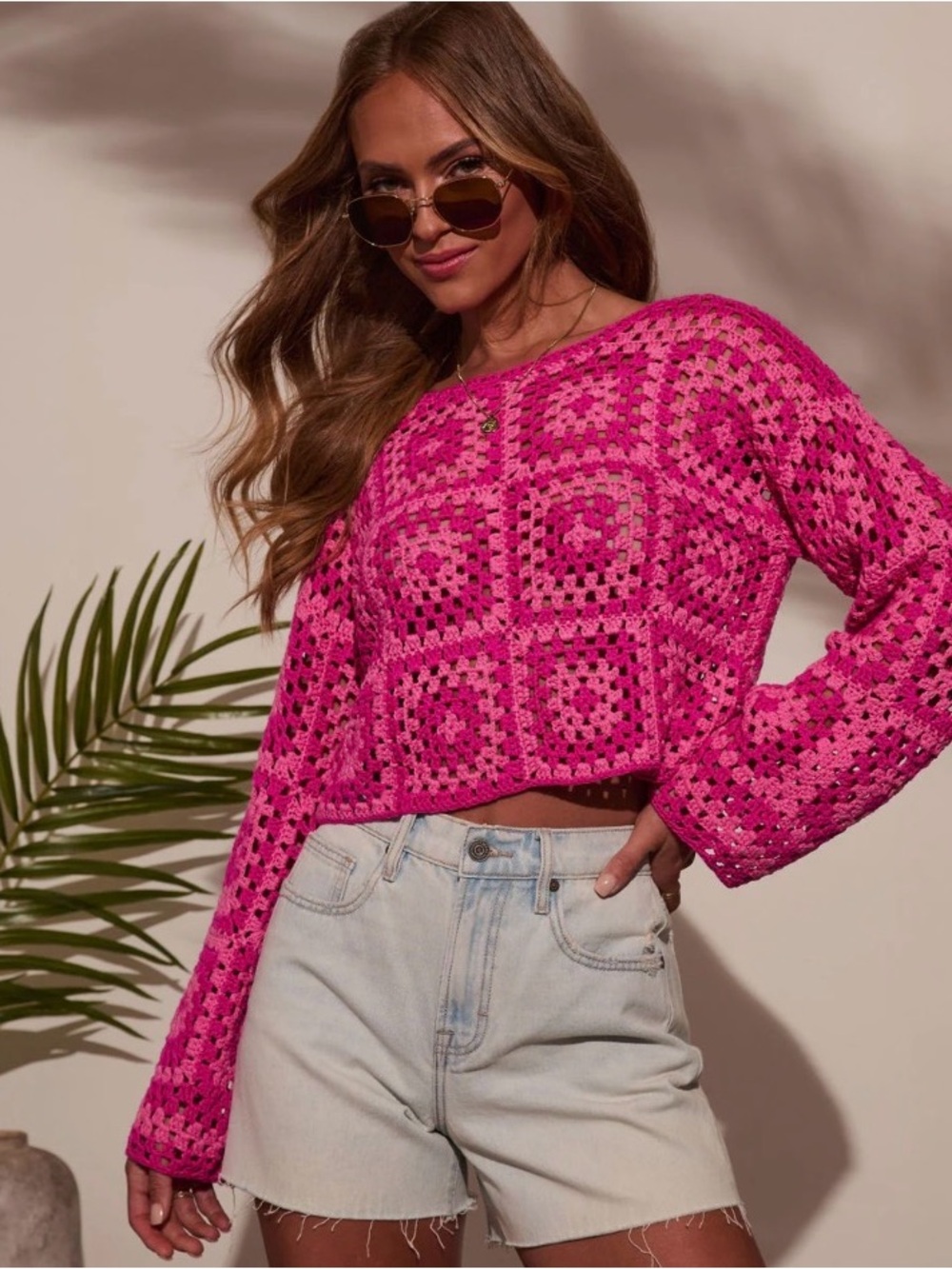 Pink Crochet Square-Panel Cropped Top, Large NWT